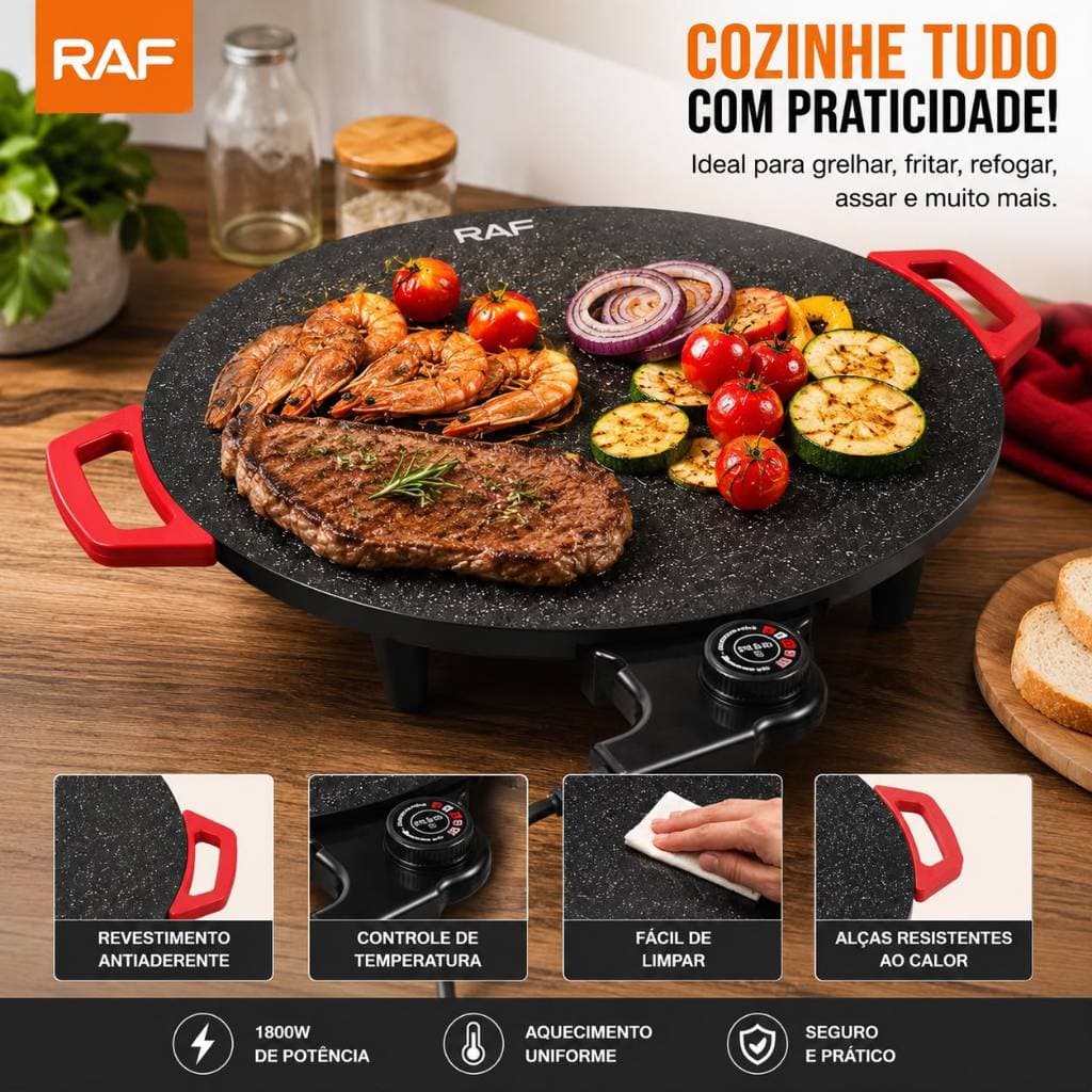 Chapa Elétrica Redonda RAF 1800W Antiaderente para Carnes, Pizza, Panquecas e Legumes 220V