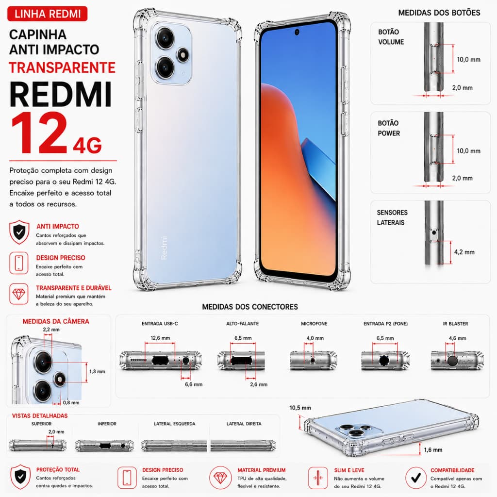 Capa Capinha  Anti Impacto Transparente TPU Premium com proteção UV Para Xiaomi Redmi A3/A5/12/13/14/15/4g/5g/C/169
