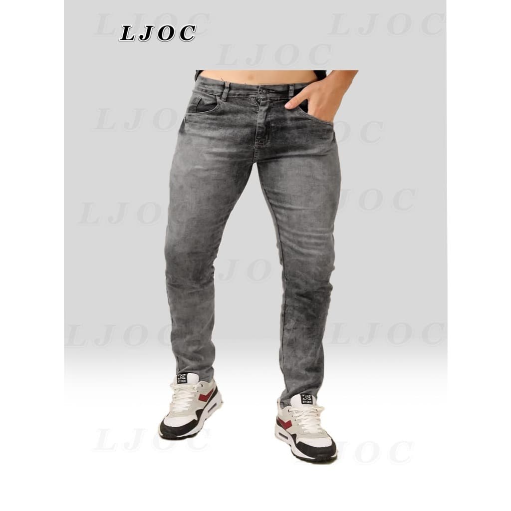 Calça Jeans Masculina Denin Cinza Lavada Manchada Slim Básico