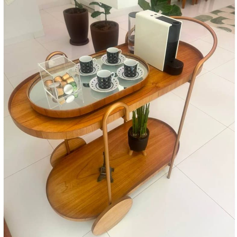 Carrinho de Serviço Vintage Ferragem Dourada Cantinho Café, Drink, Cristaleira Aparador Rodinha Fixa