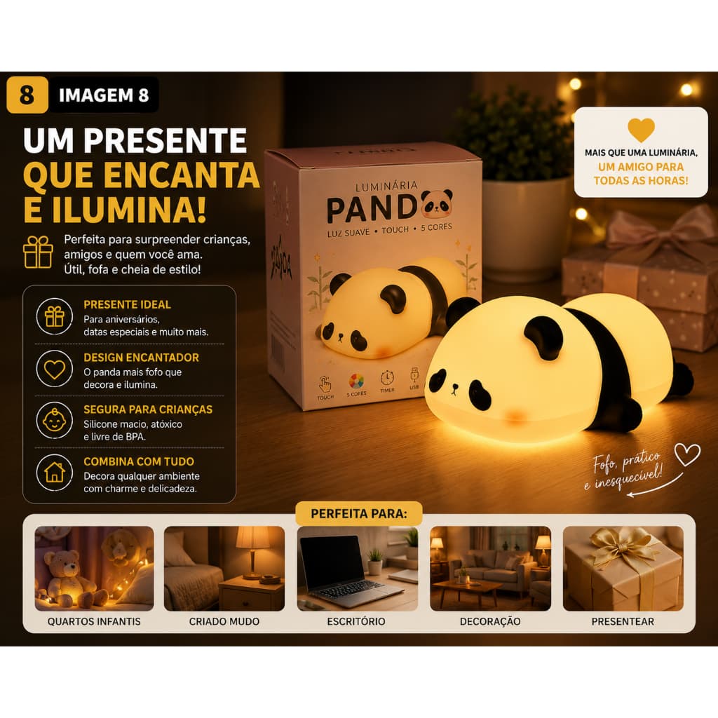 Luminária Panda e Cachorrinho LED Silicone Touch Sensor 5 Cores USB Timer Quarto Infantil Decoração