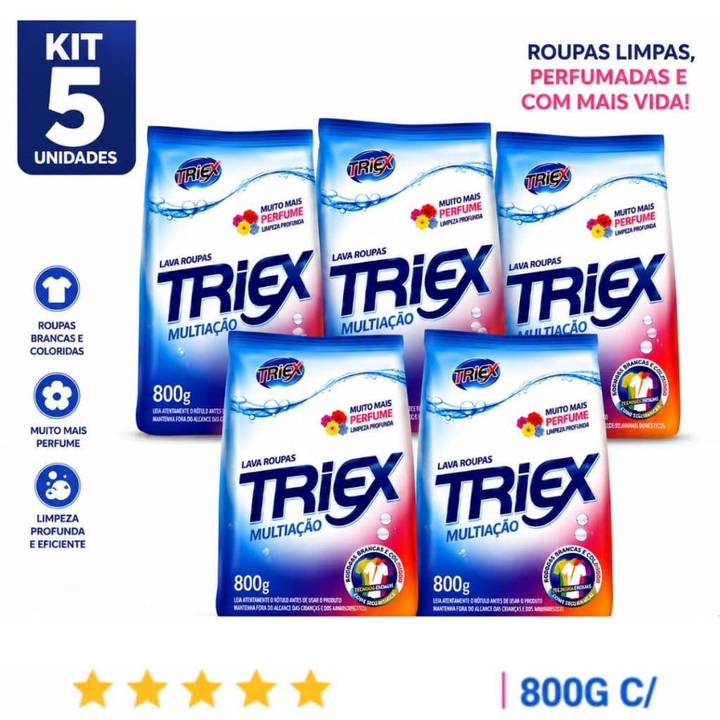 Sabão em Pó Triex Multiação 800g Kit 5 Unidades Alto Rendimento e Limpeza Profunda 4Kg