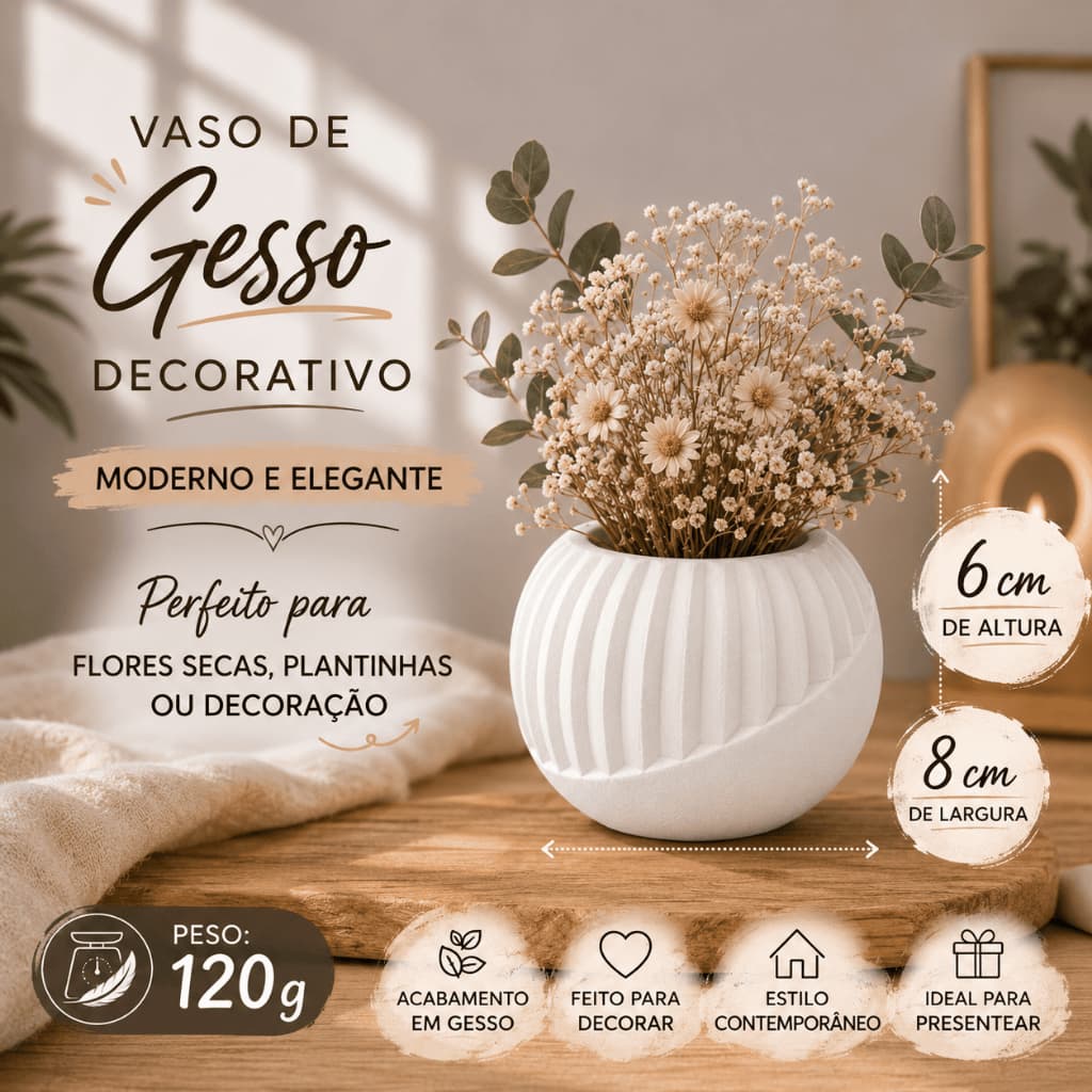 Vaso Decorativo Redondo 6cm em Gesso Azul Branco Verde Cinza Roxo Amarelo Ideal para Presentear