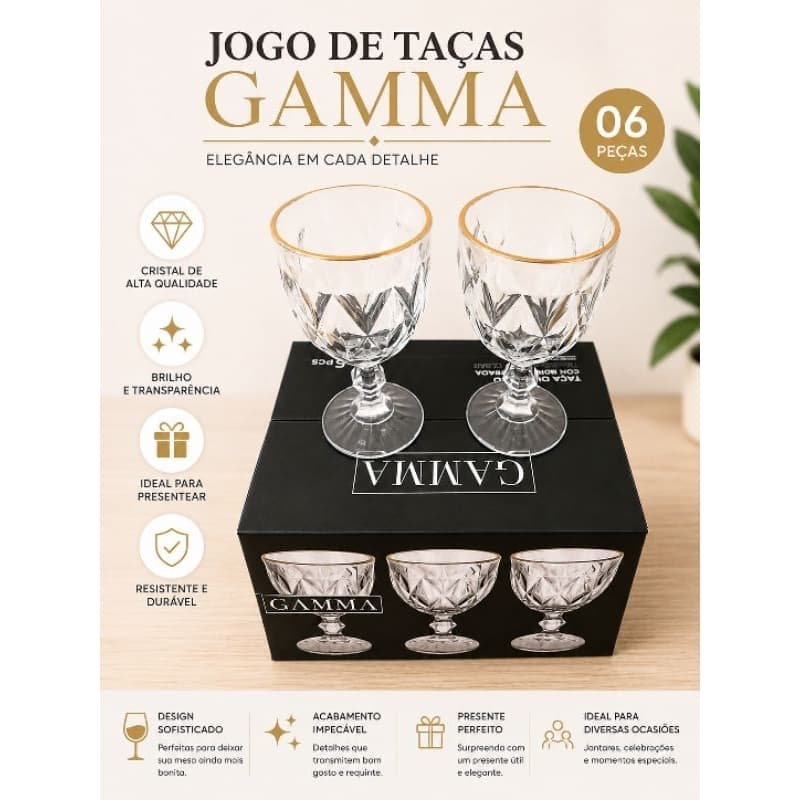 Jogo de Taças Gamma 6 Peças – Cristal com Borda Dourada