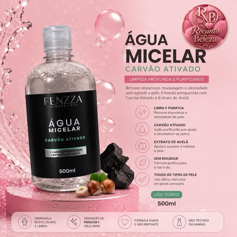 Água Micelar Carvão Ativado Fenzza – 500ml ✨