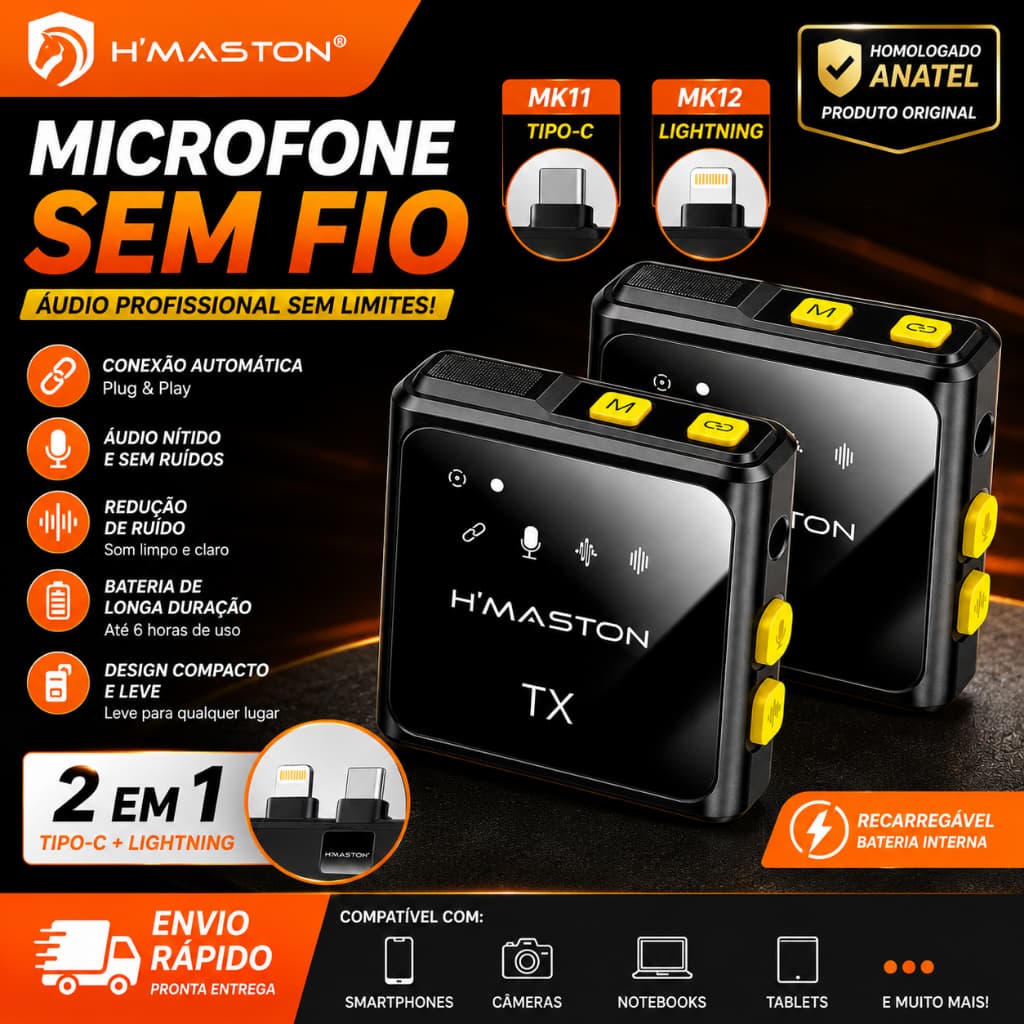 H'maston MK11/12 Microfone Sem Fio Duplo Lapela Celular Para iPhone Lightning e Tipo-c