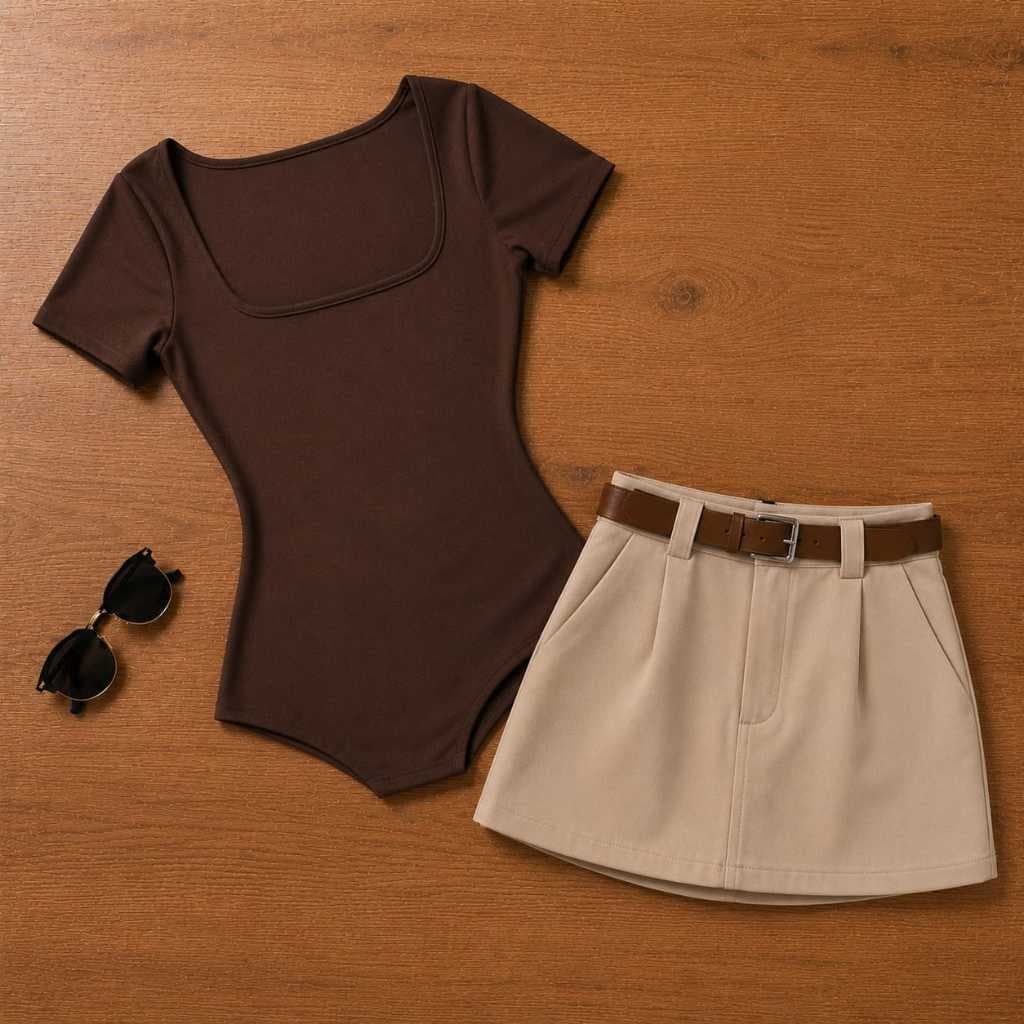 Conjunto Feminino Body Suplex+Short-Saia Alfaitaria Cintura Alta Com Bolso Tendencia Moda Casual
