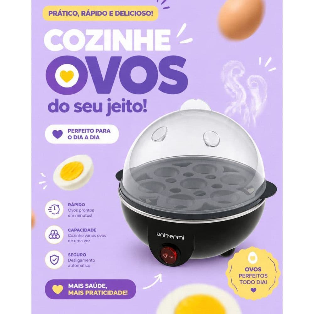 Cozedor de Ovos Elétrico Unitermi Preto - 7 Ovos a Vapor com Desligamento Automático