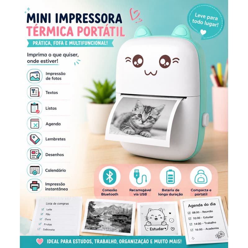Mini Impressora Portátil Térmica Bluetooth com Impressão Nítida e Durável
