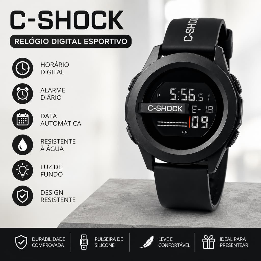 Rel贸gio Masculino Digital Esportivo C-SHOCK Prova D'谩gua Multifuncional Ilumina莽茫o Cron么metro Alarme LED