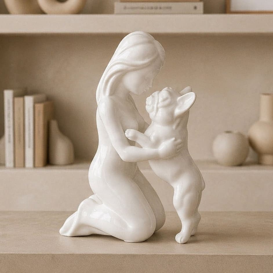 Escultura Decorativa Mulher e Cachorro Bulldog Francês Minimalista 3D Estátua Moderna Premium Branca Decoração Sala