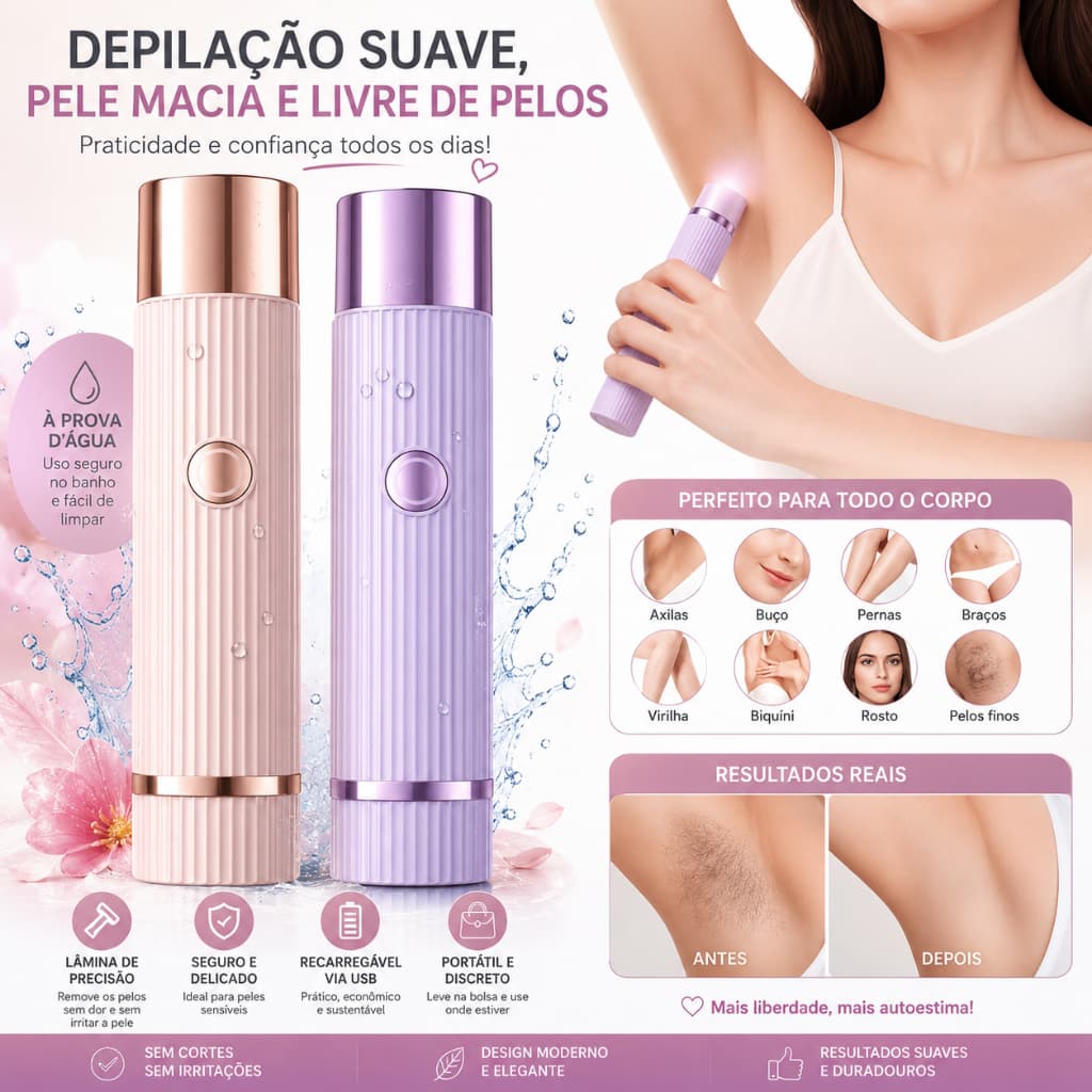Depilador elétrico com navalha dupla cuidado e delicadeza com sua pele, Recarregável com Tecnologia avançada Indolor Nex