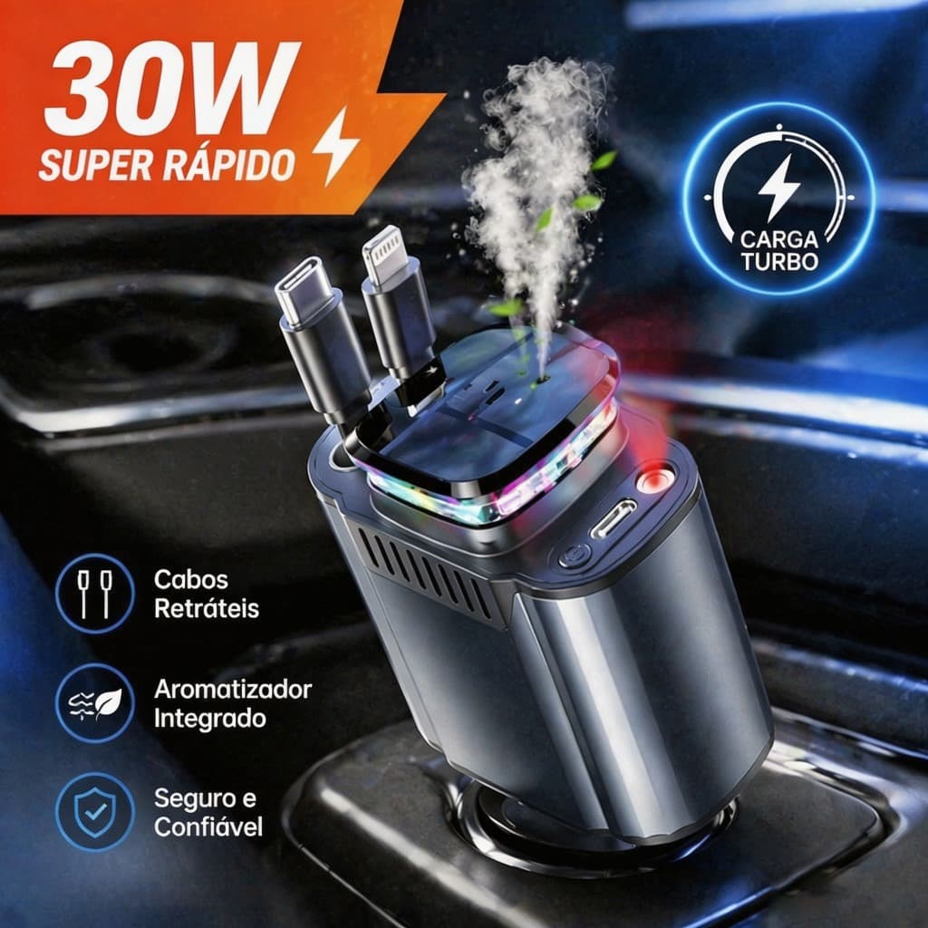 Carregador De Carro De Carregamento Rápido 6 Em 1 De 30 W Com Adaptador De Cabo Retrátil De Aromaterapia