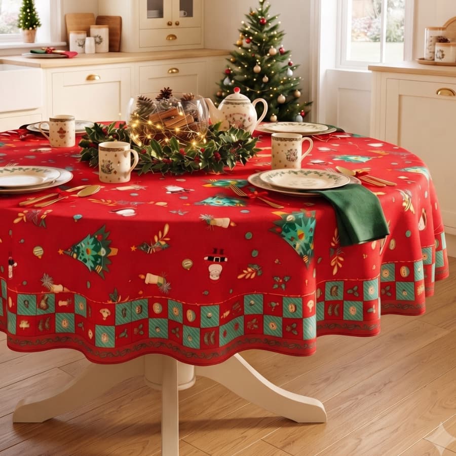 Toalha de Mesa Redonda 4 Lugares Natal Feliz 135cm