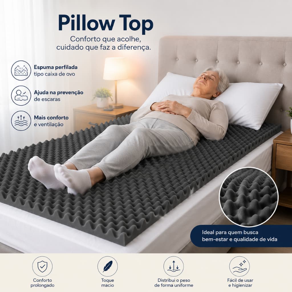 Pillow Top Caixa de Ovo Solteiro 88x188 Espuma Antiescaras Massageador Sobrecolchão Colchonete