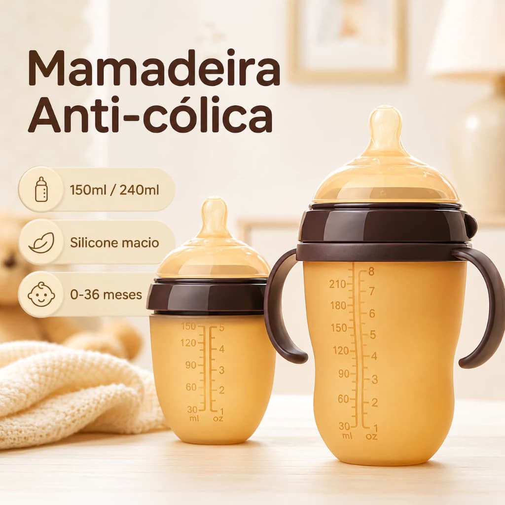Mamadeira Anti-cólica 150ml/240ml - Silicone Alimentício, Resistente -20°C a 120°C, 0-36 Meses com Alça
