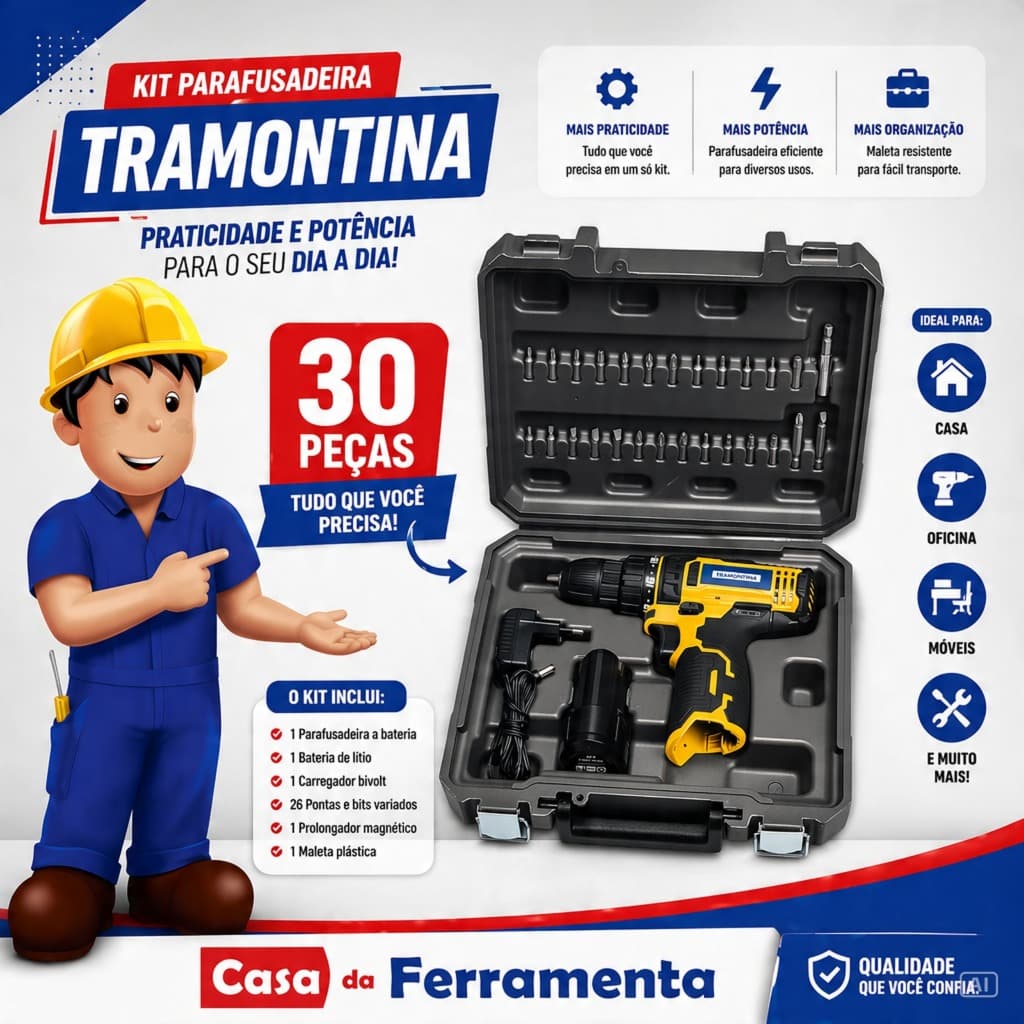 Parafusadeira/Furadeira à Bateria 12V - 30 peças Tramontina