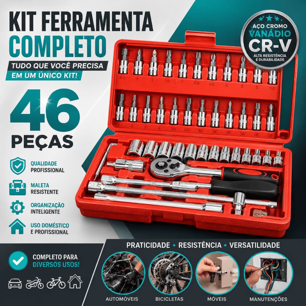 Kit Ferramenta 46 Peças - Completo -Catraca Soquete e Chave Allen - CH