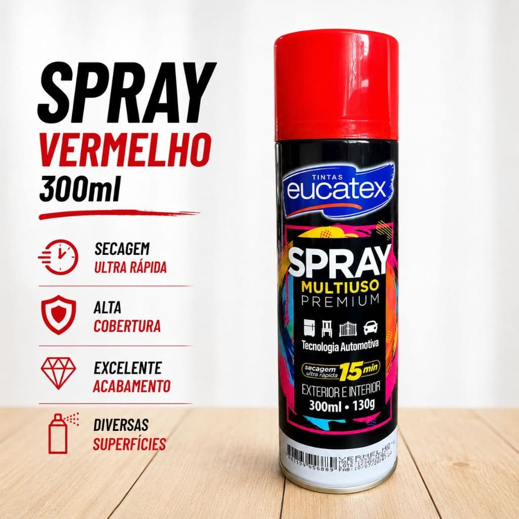 Spray Vermelho Brilhante Automotivo Alta Temperatura 300ml Tinta Premium Eucatex Secagem Rápida