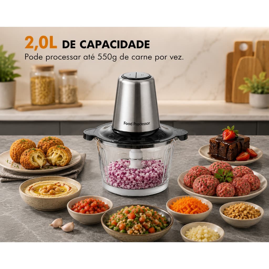 Processador Elétrico 2 Litros Inox Triturador de Alimentos Picador de Carne Legumes Verduras Vidro 110V