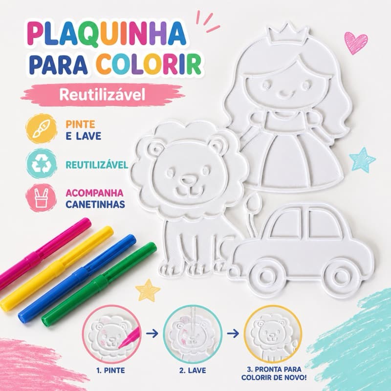 Plaquinha para Colorir + Canetinhas | Reutilizável | Pinte e Lave | Diversos Temas