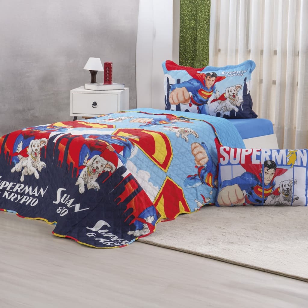 Kit Colcha Superman Solteiro Bene Casa Cobre Leito 2 Peças Com Porta Travesseiro Infantil