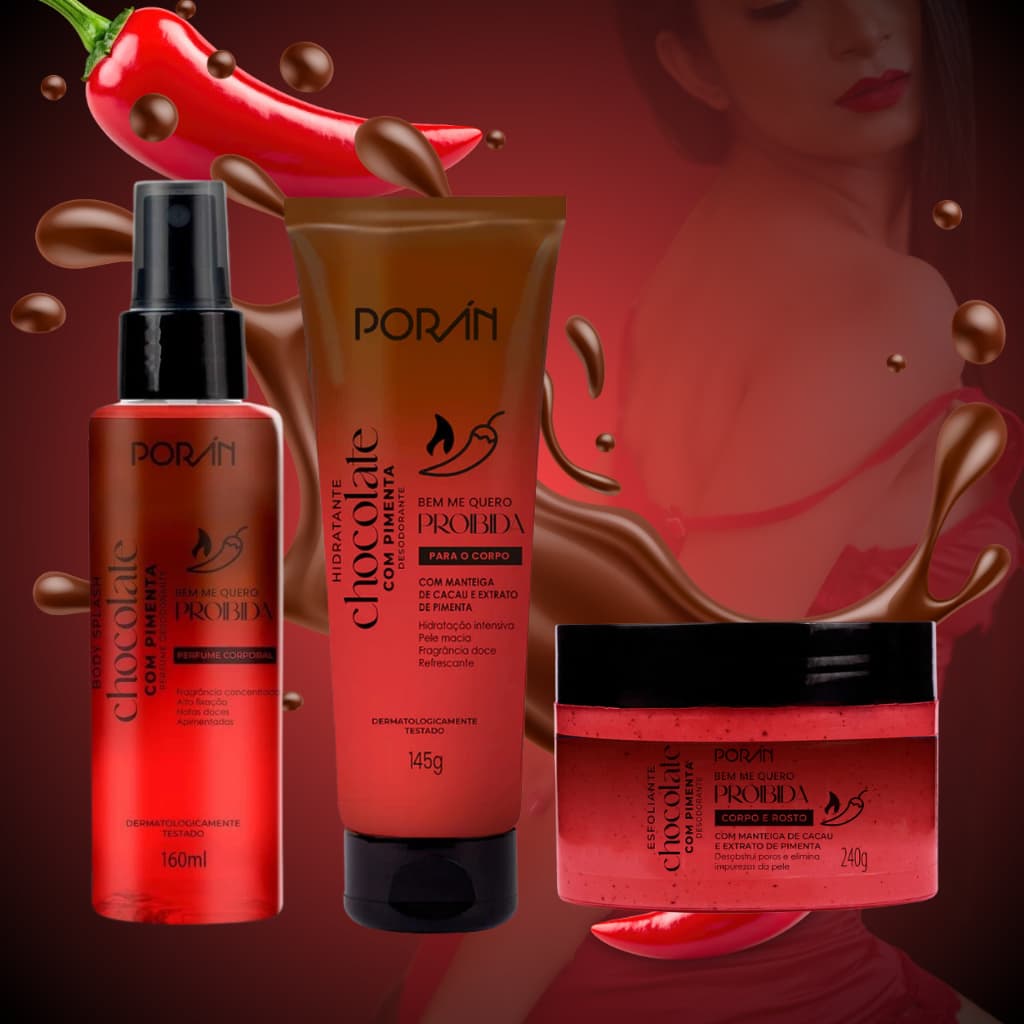 Kit Chocolate com Pimenta Porán Body Splash 160ml Esfoliante 240g Hidratante 145g Cuidados Corporais