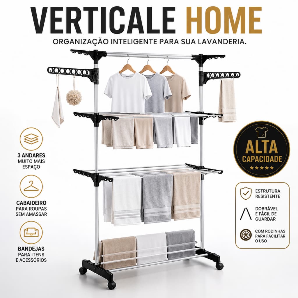 Varal de Chão Multifuncional 3 Andares com Cabideiro e Bandejas Grande Dobrável Verticale Home