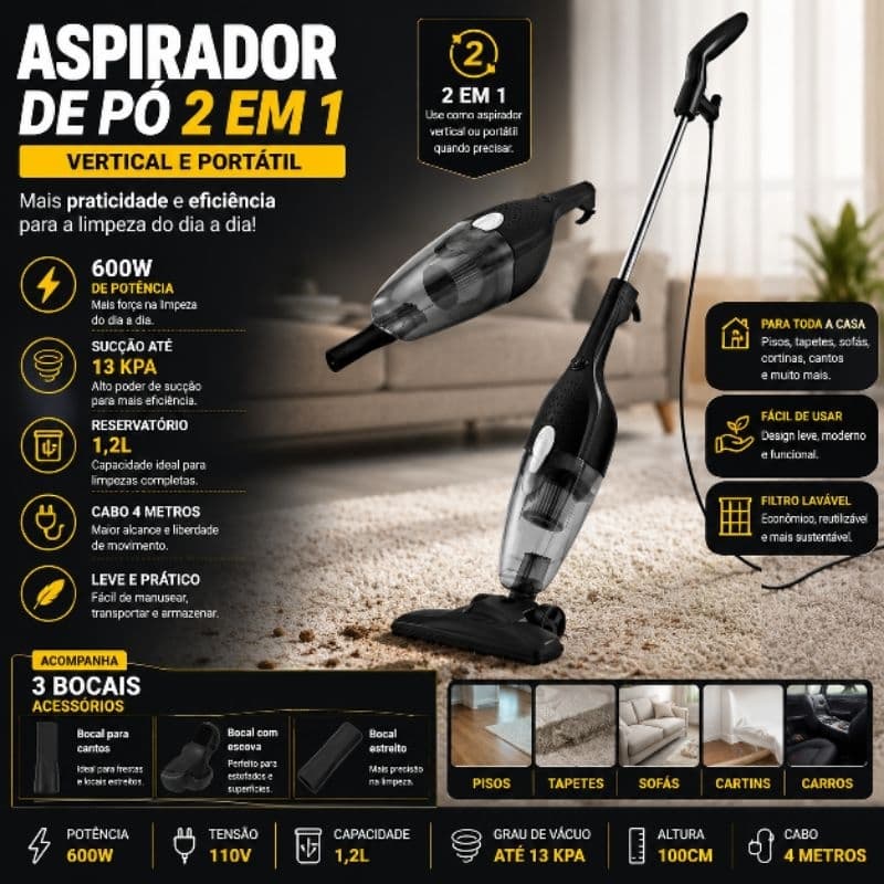 Aspirador Pó Elétrico Portátil Vertical 2 Em 1 Potente Fio 110v Limpeza Prática