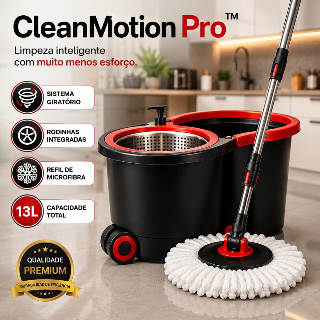 Mop Balde Giratório CleanMotion Pro™ com Rodinhas, Sistema de Torção e Refil de Microfibra