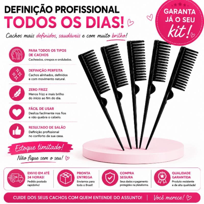 Pente para Fitagem Cachos Profissional Definição de Cachos Desembaraça Sem Quebrar