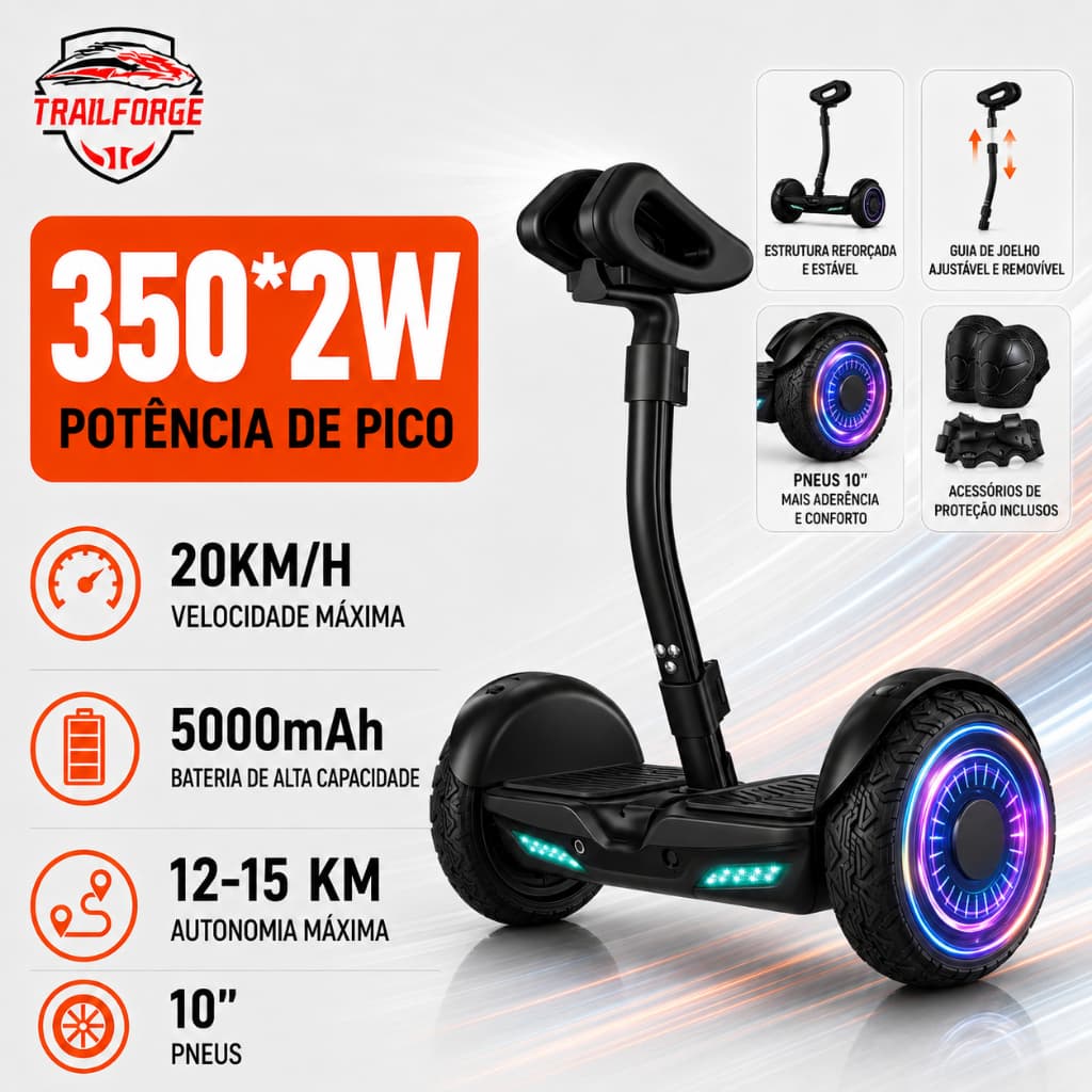 Trailforge-Q1 Hoverboard 10 ” 700W 20km/h 5000mah Offroad Led Bluetooth Dois modos de condução