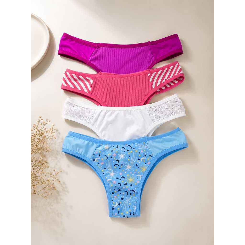 Kit 5 Calcinhas Femininas Básicas Modelos Sortidos Tangas Adulto Confortável Lisa e Estampadas M e G