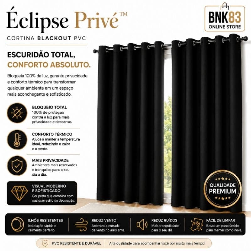 Cortina Blackout Corta Luz Preta PVC Com Ilhós Privacidade Térmica