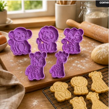 Cortador de Biscoito Zoológico Kit 5 Peças com Marcador Para Cozinha Confeitaria Festa Infantil e Família em Casa Preto
