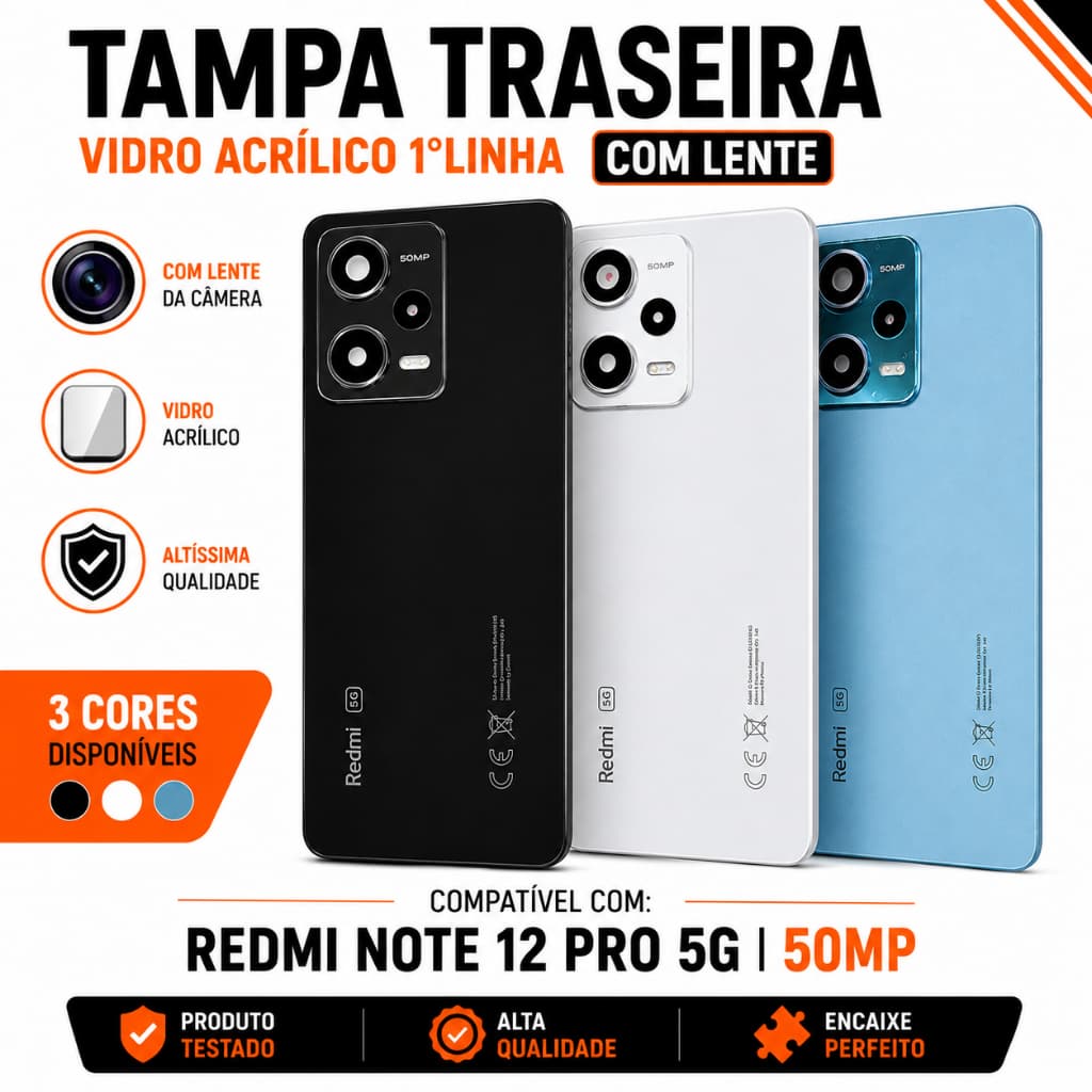 Capa de Trás Redmi Note 12 Pro 5G Carcaça Tampa Traseira Com Lente Vidro Câmera 1° Linha Bom Encaixe