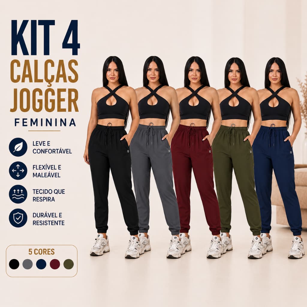 Kit 4 Calças Jogger Feminina Tecido Leve Com Bolsos Cós Elástico Confortável Academia Caminhada Lazer