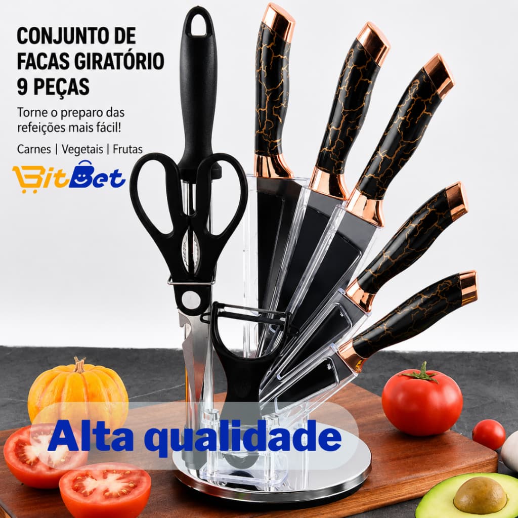 Conjunto de Facas de Cozinha Luxo com Suporte Giratório – 9 Peças Elegantes e Afiadas UT-53