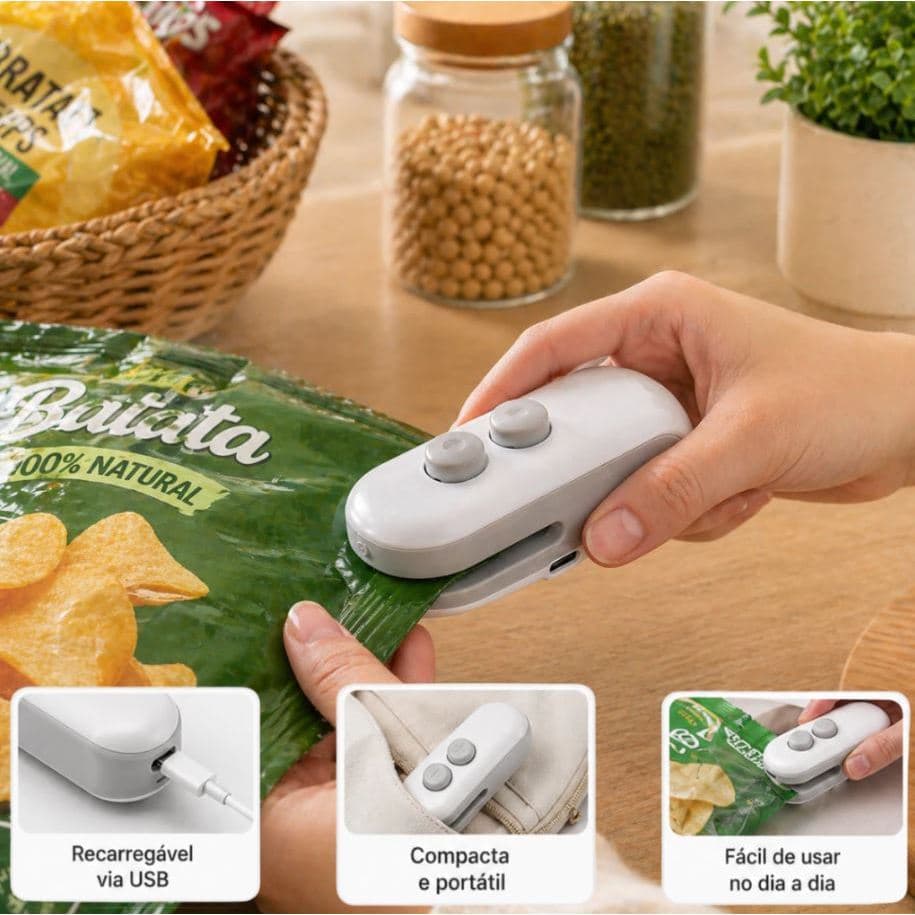 Mini Seladora Térmica Portátil 2 em 1 para Sacos Plásticos USB