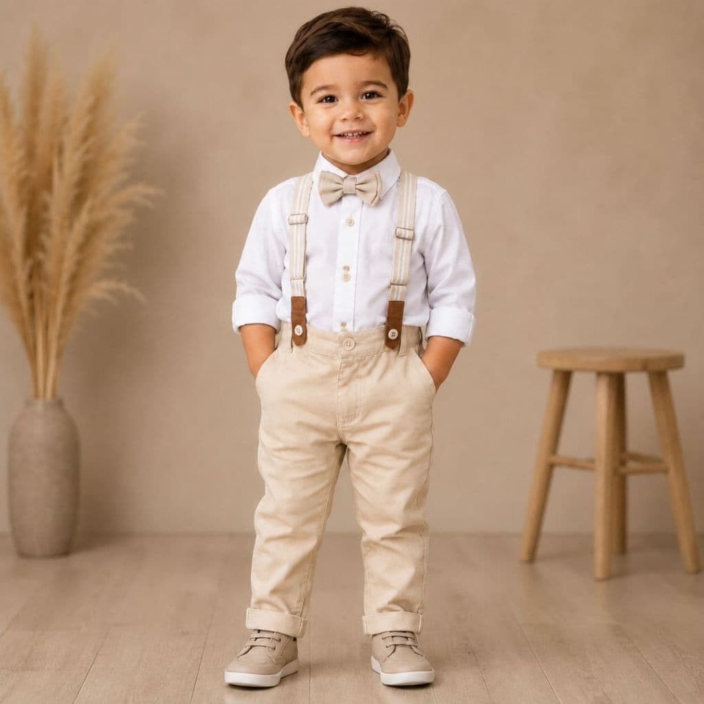 Conjunto Menino Infantil Social Camisa Manga Longa Calça Com Suspensorio e Gravata Borboleta para festa Casamento