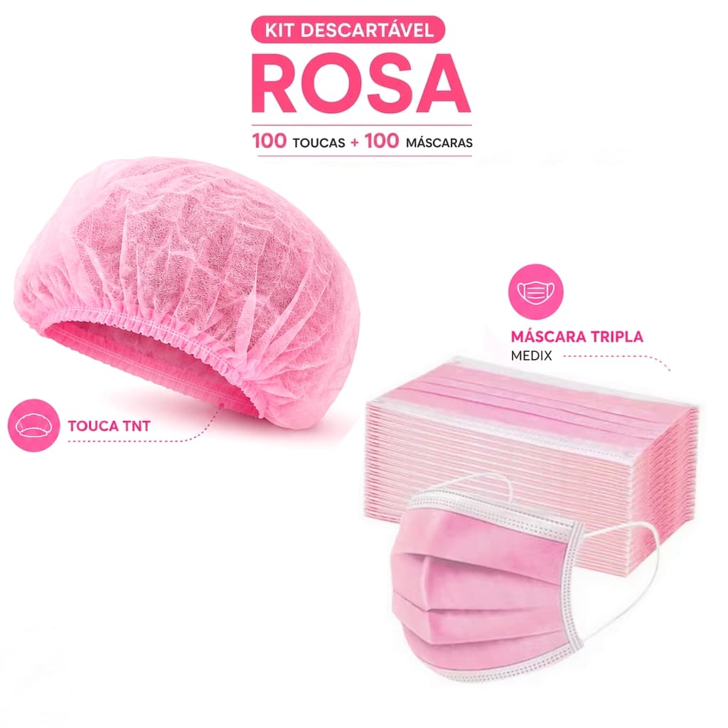 Kit 100 Touca + 100 Máscara Rosa Descartável TNT com ANVISA