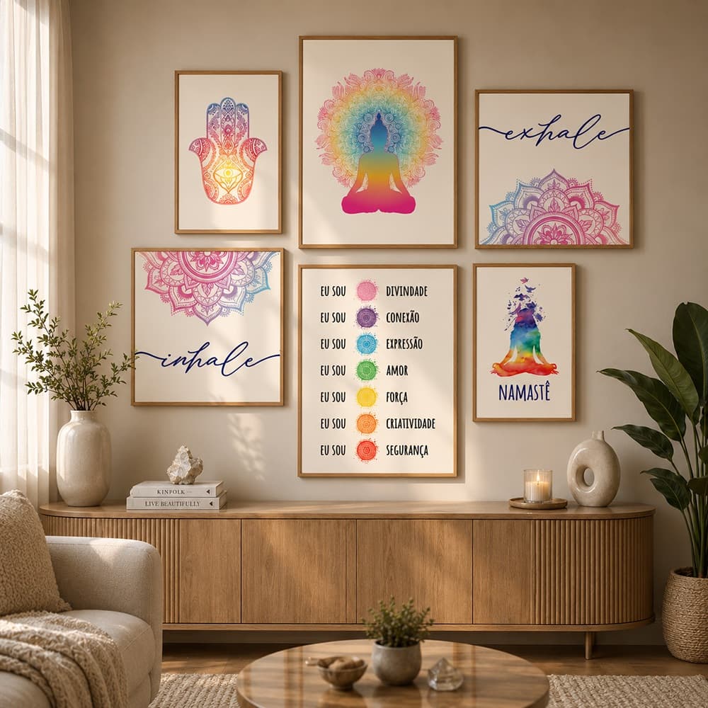 Quadro Decorativo Chakras Espiritual Kit 6 Peças Com Moldura Decoração