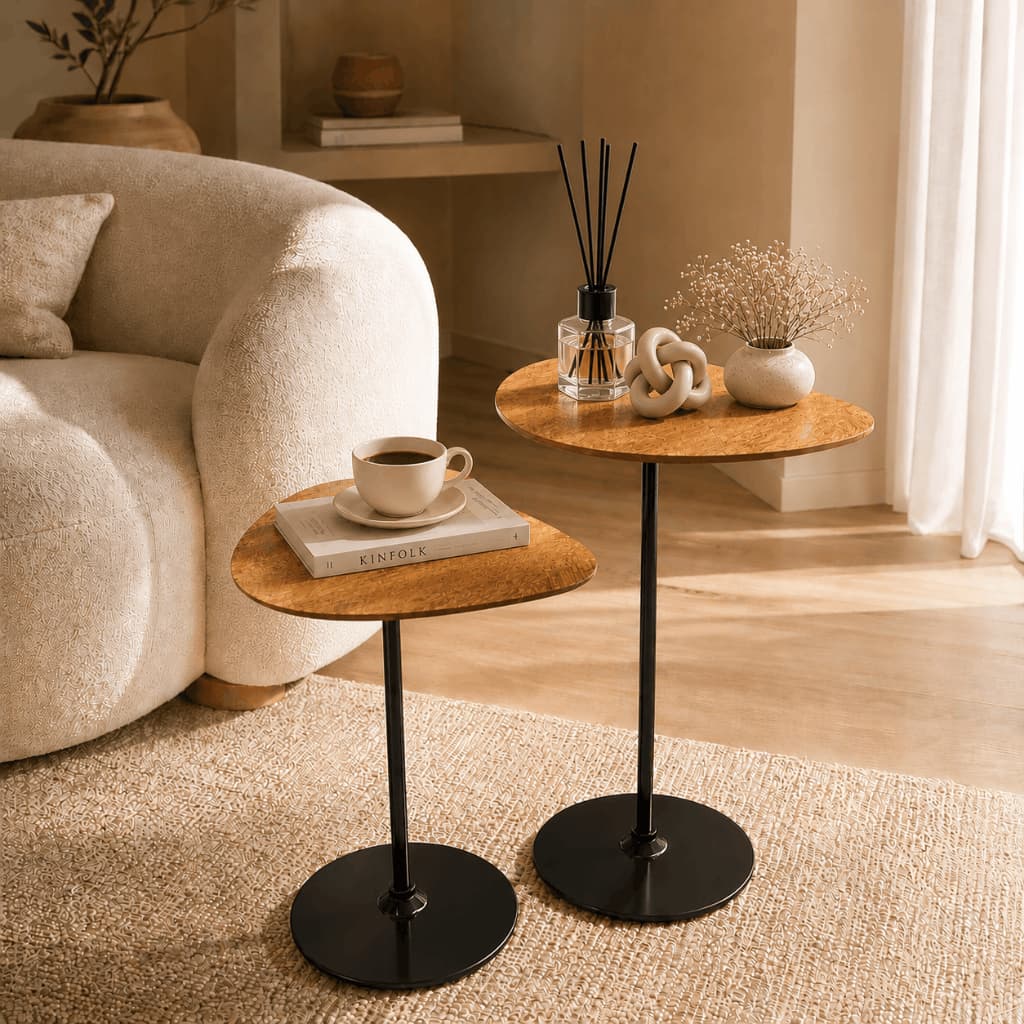 Kit Duas Mesas Lateral Canto Decoração Hall Sofá Design Orgânico Industrial Apoio Sala Quarto Cabeceira Minimalista