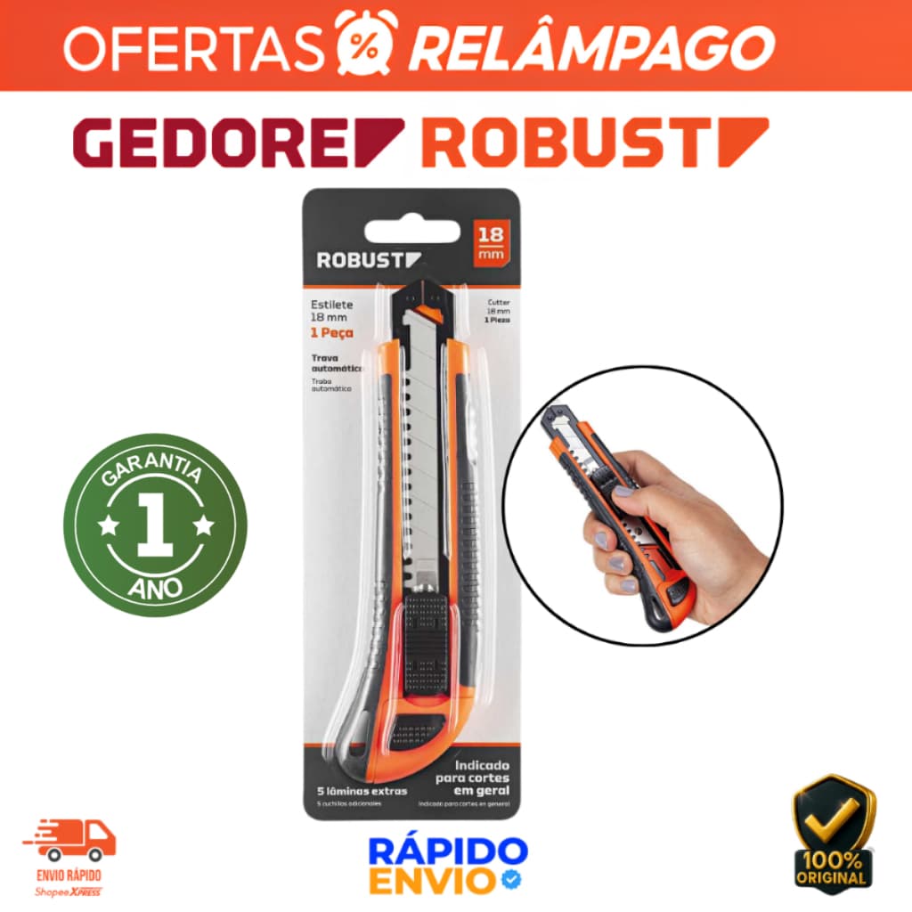 Estilete Largo 18mm Gedore Robust Cabo Emborrachado com 5 Lâminas Profissional Resistente