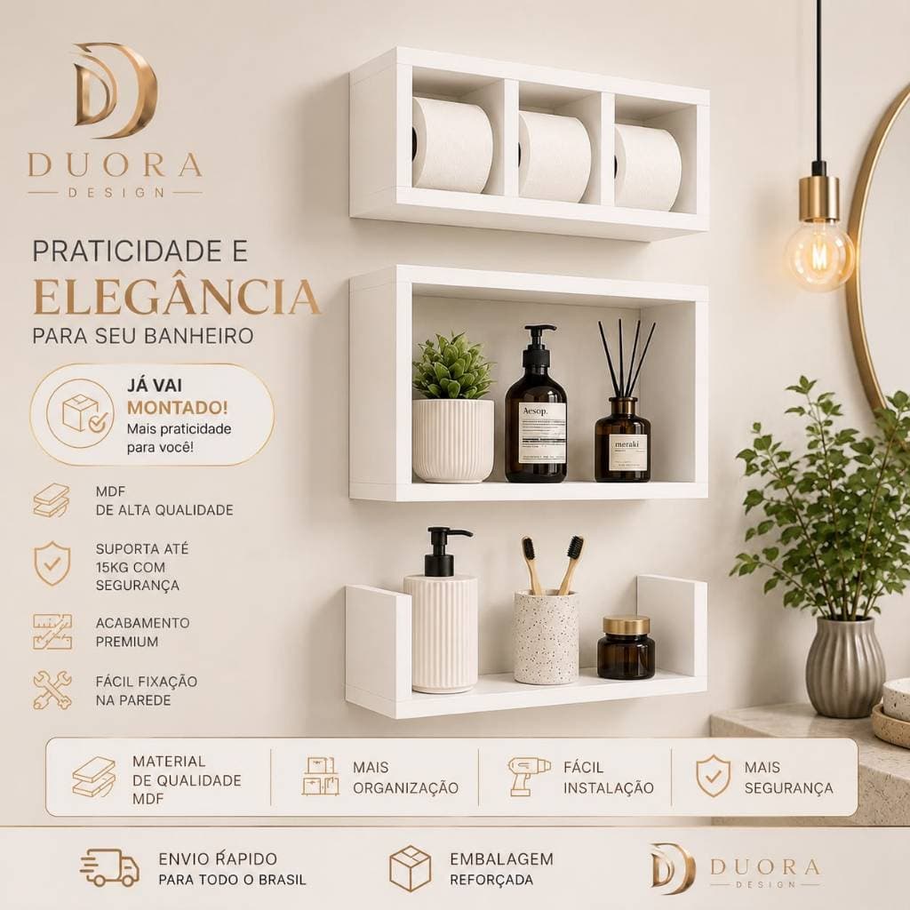 Kit 3 Nichos para Banheiro MDF Premium Porta Shampoo Toalha Papel Higiênico Branco
