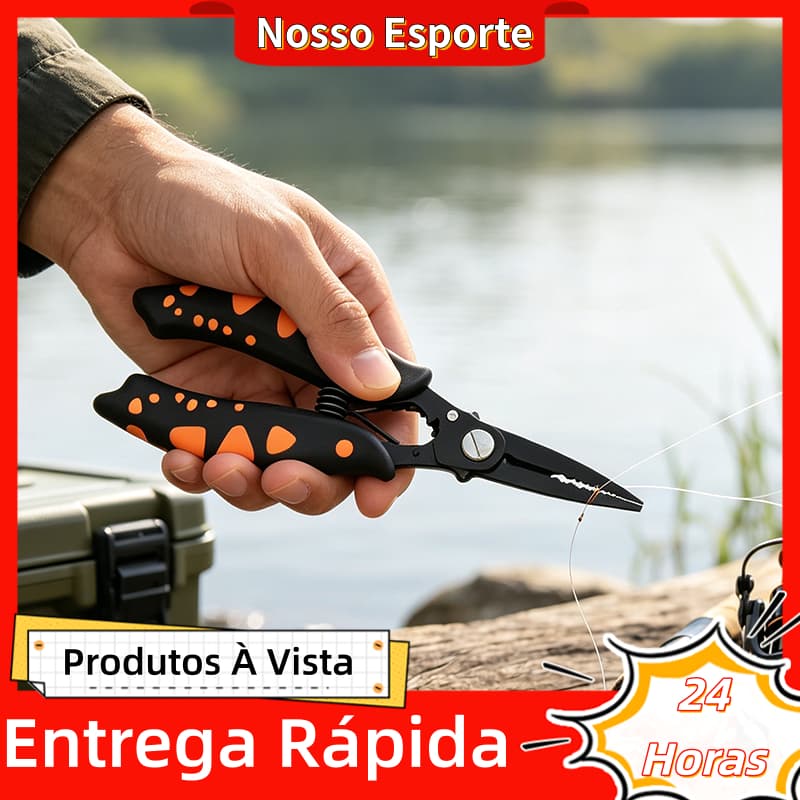 Alicate de Pesca Multifuncional Inox Corta Linha Abre Argola com Mola Profissional Pesca