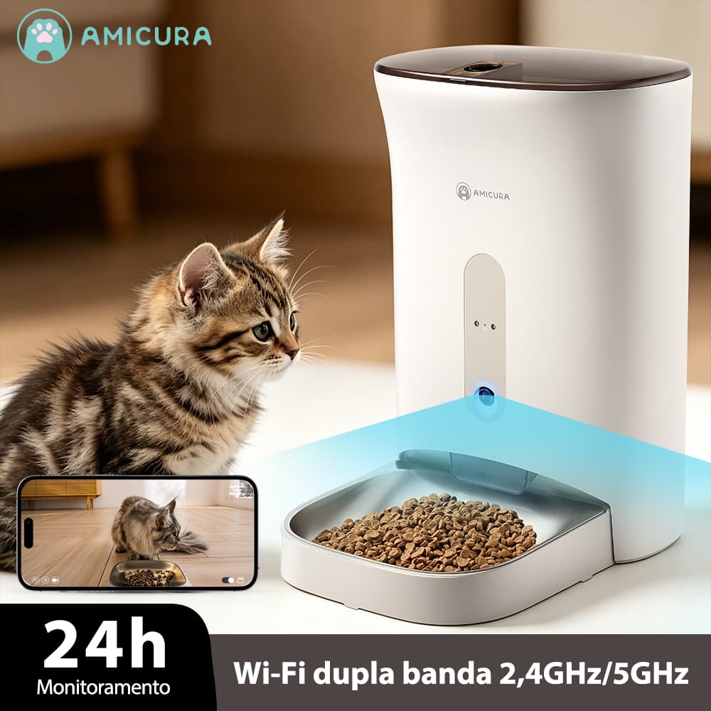 Comedouro Gato Cachorro Automático Amicura F1 Pro Câmera 2K Visão Noturna App, Bateria 120 Dias para Cães e Gatos