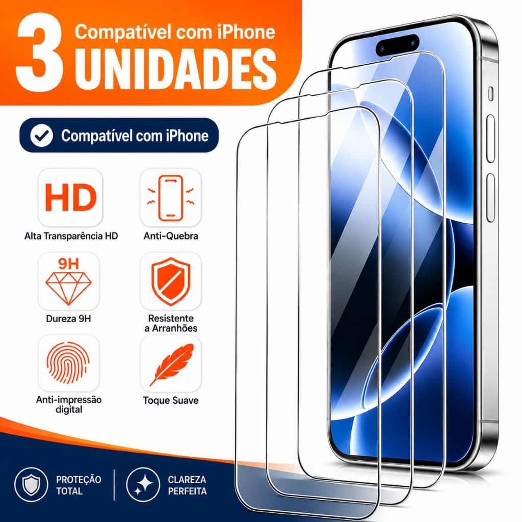 Kit 3 Películas de Vidro Temperado HD para iPhone 17 Air 17 16 15 14 13 12 11 XR XS X Proteção 9H Alta Transparência