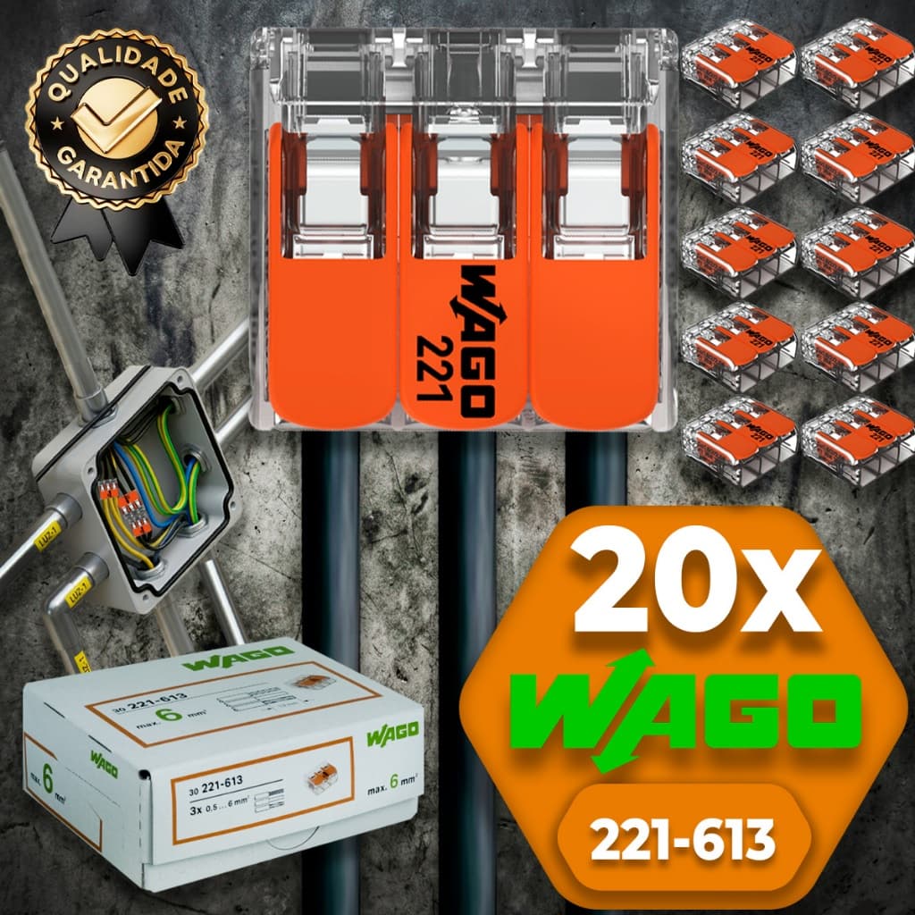 Conector de Fio Elétrico Wago 221-613 Conector Wago Emenda 6mm 41A Conexão Automática Kit 20 Peças
