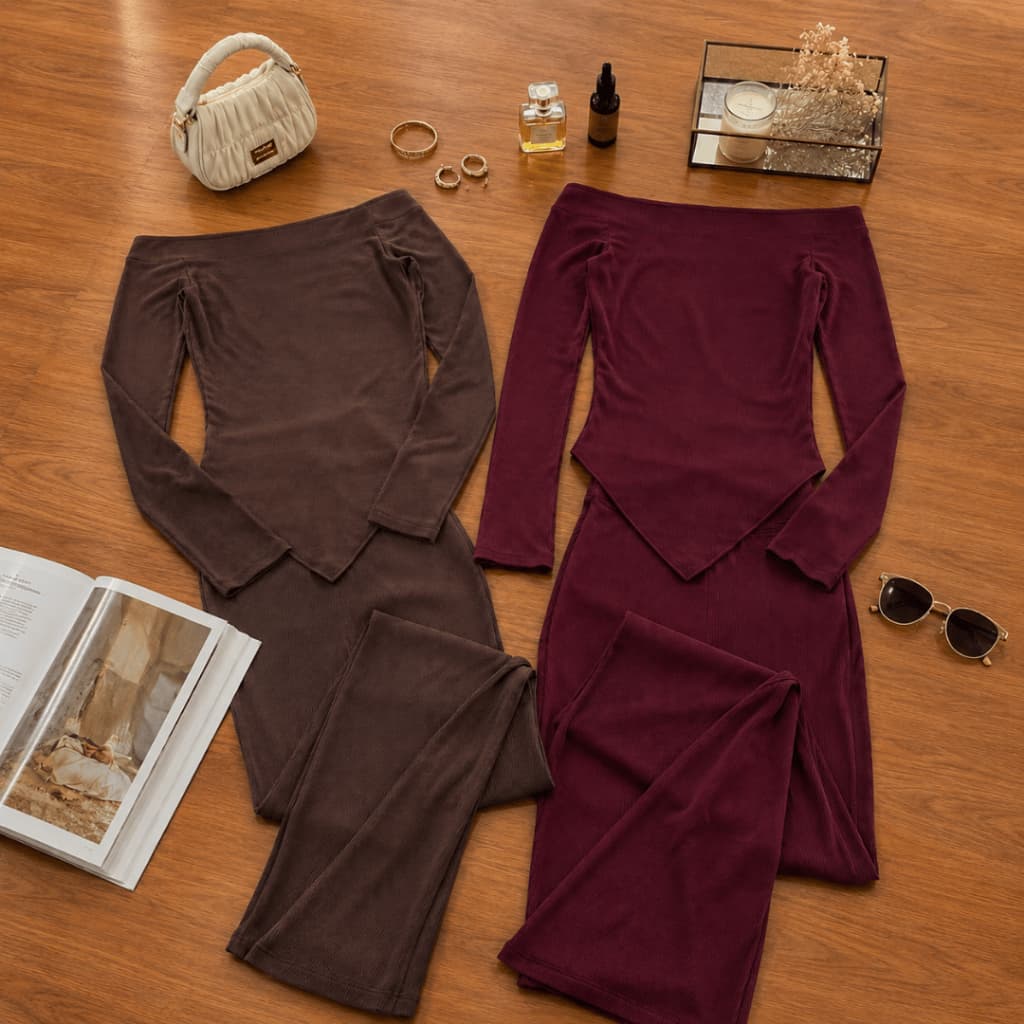Kit 2 Conjuntos Femininos Manga Longa Calça Flare Canelada Inverno Macio Sofisticado Passeio De Luxo